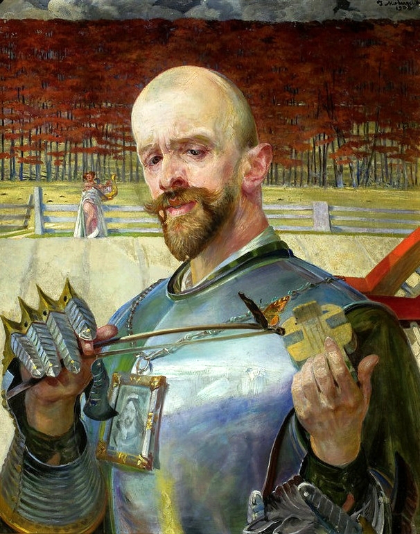 A bald man in armour looks at the viewer while playing a tiny violin instrument with a small bow that a yellow and brown butterfly has landed on, in the background a woman leans against a fence with a harp infront of a field of yellow and red trees