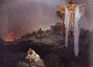 A starfilled night - in the foreground two white-robed people star at the viewer with fear on the their faces, one reaches for a large knive, while a robed man with arms outstretched hovers in the right side sky and a crowd follows in the shadows behind him