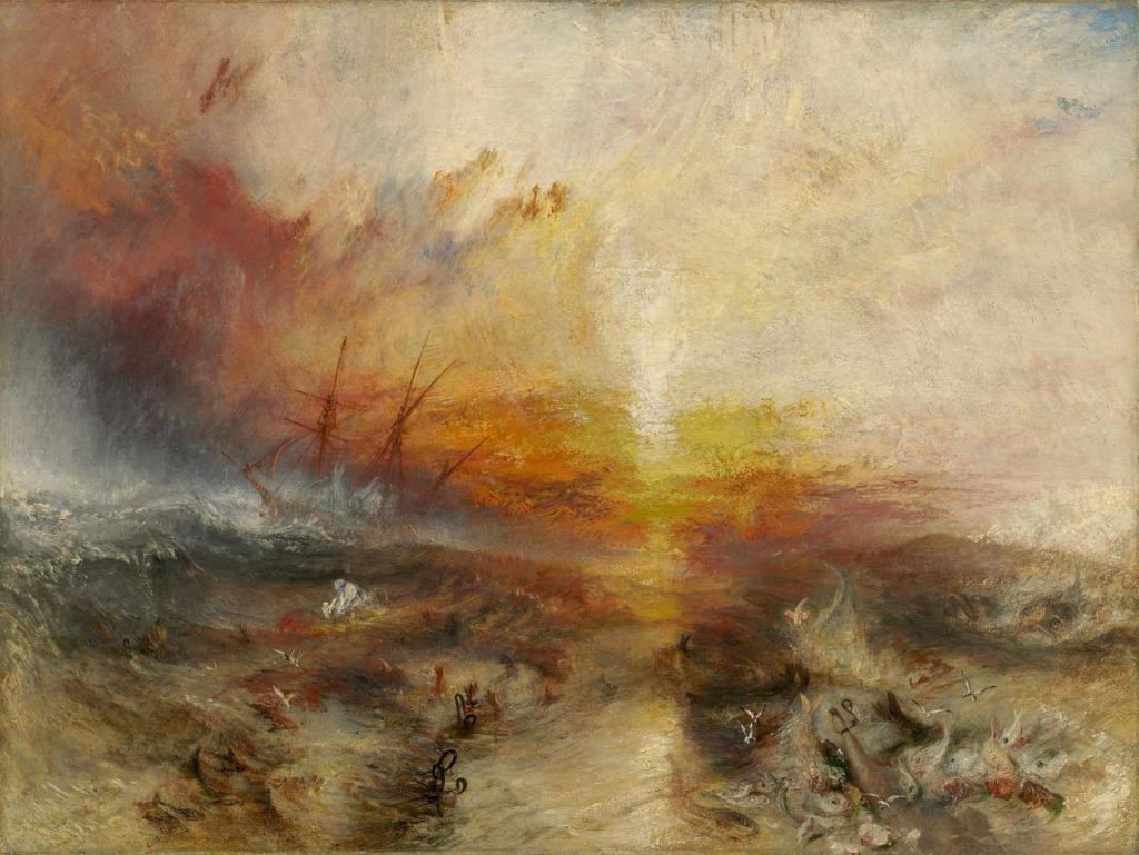 A grey choppy sea filled with manacled hands and feet and diving birds give way on angry amber sky with a sailing vessel near the horizon as a storm approaches