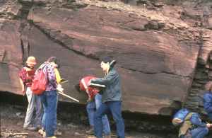 Group of students working on Carboniferous channel sandstone, NS.