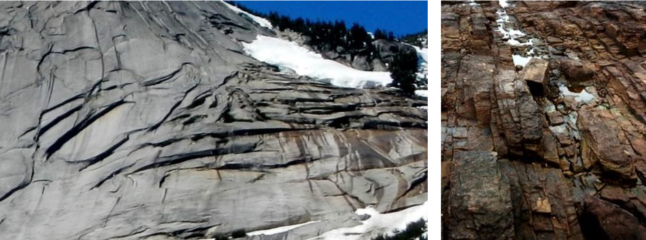 Figure 10.3.1: Granite in the Coquihalla Creek area, B.C. (left) and sandstone at Nanoose, B.C. (right), both showing fracturing that has resulted from expansion due to removal of overlying rock.