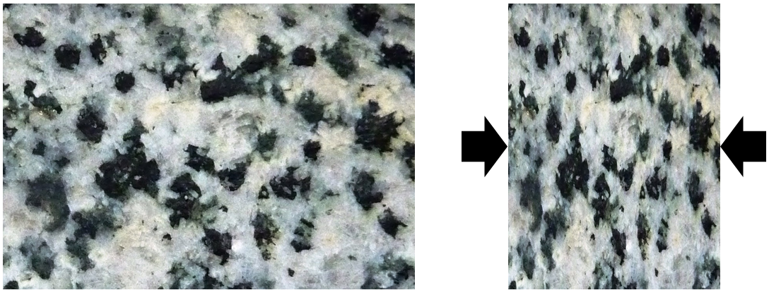 Figure 6.2.1: The textural effects of squeezing during metamorphism.  In the original rock (left) there is no alignment of minerals.  In the squeezed rock (right) the minerals have been elongated in the direction perpendicular to the squeezing.