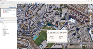 Figure T4: Using the ruler tool to measure distances in Google Earth. The dialogue box will tell you the length of the line you are measuring. This example shows that the length of two soccer fields at MRU is 151.47 m (see yellow line on map).