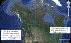 Figure T10: Universal Transverse Mercator (UTM) zones in Canada. Zones are designated by a number and a letter, e.g., the city of Vancouver, BC is in UTM zone 10 U.