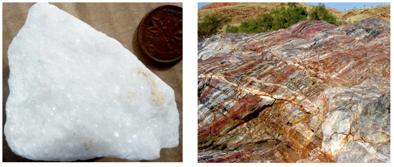 Figure 6.2.7: Marble with visible calcite crystals (left) and an outcrop of banded marble (right).