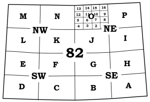 Figure 8.3.2: Example of the National Topographic Index Numbers of map sheets within the primary quadrangle number 82. Map sheet 82 is subdivided into four quarters (NE, SE, SW, NW). These quarters are further subdivided into four parts each designated with a letter, beginning with A in the southeast corner and ending with P in the northeast corner. Finally, each of these parts is divided into 16 parts numbered 1 through 16.