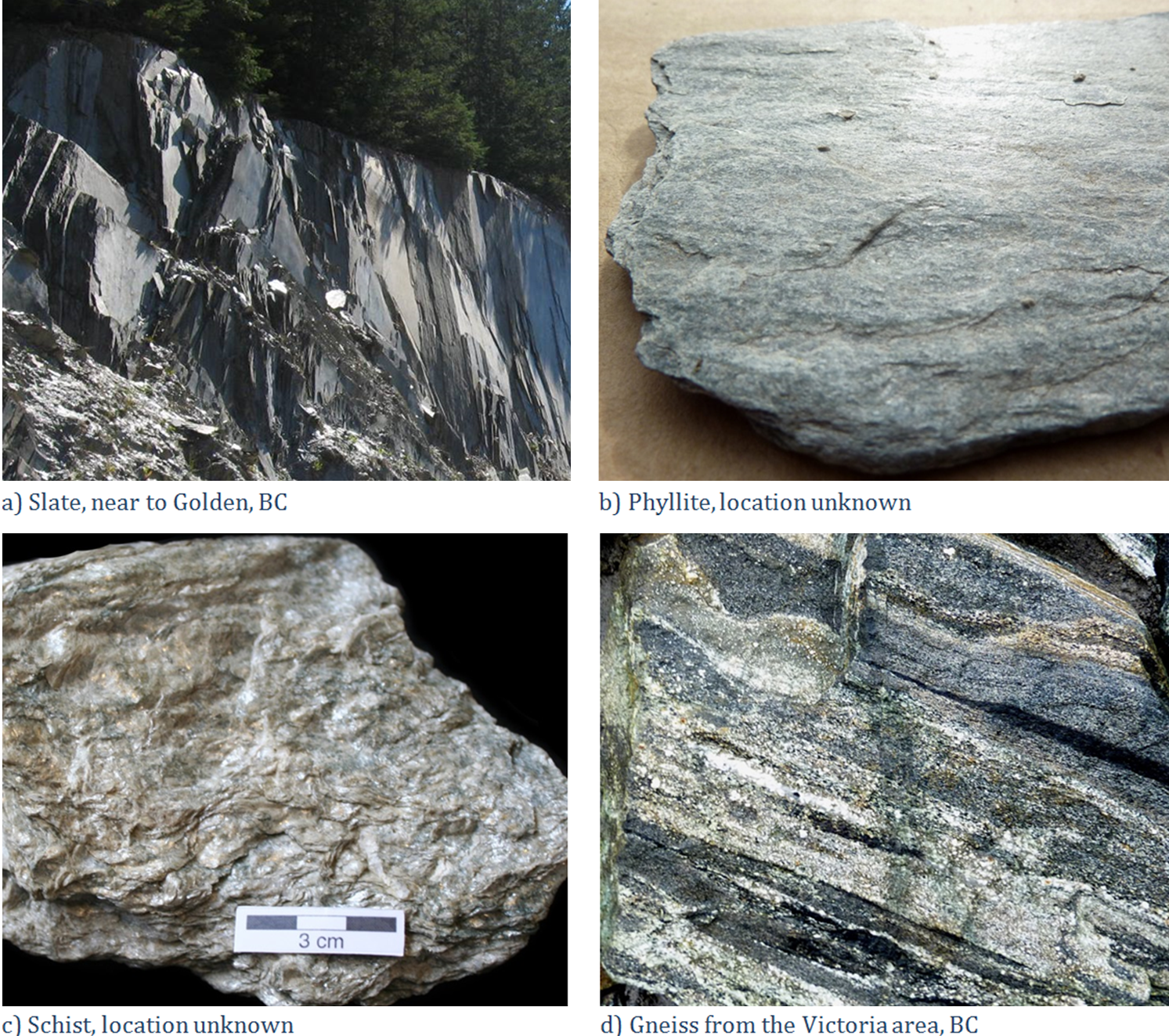 Figure 6.2.4: Examples of foliated metamorphic rocks: (A) Slate, (B) Phyllite, (C) Schist, (D) Gneiss.