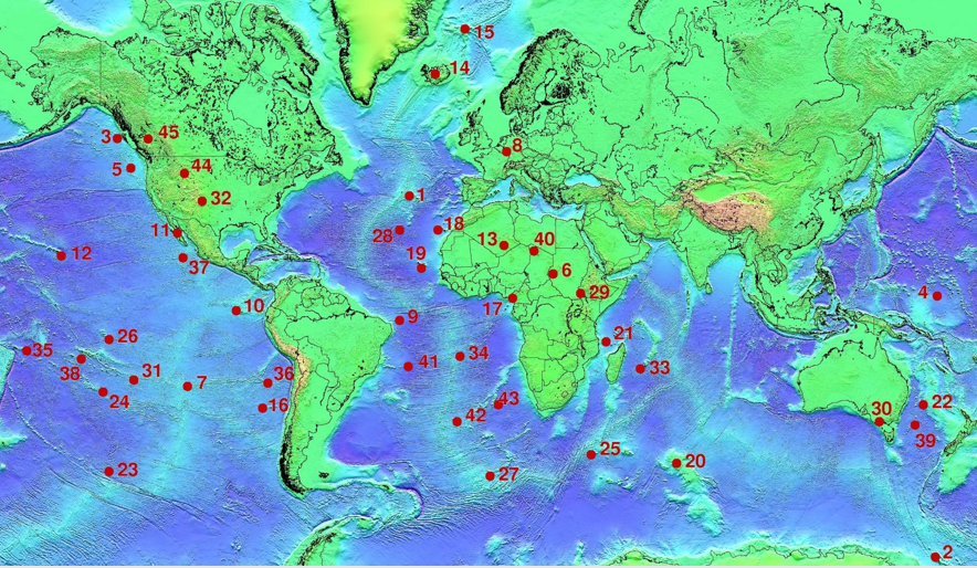 Figure 1.1.8: Mantle plume locations. Selected Mantle plumes: 1: Azores, 3: Bowie, 5: Cobb, 8: Eifel, 10: Galapagos, 12: Hawaii, 14: Iceland, 17: Cameroon, 18: Canary, 19: Cape Verde, 35: Samoa, 38: Tahiti, 42: Tristan, 44: Yellowstone, 45: Anahim