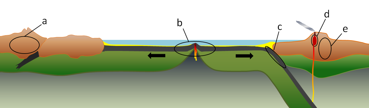 Figure 6.1.4: Environments of metamorphism in the context of plate tectonics: (a) regional metamorphism related to mountain building at a continent-continent convergent boundary, (b) regional metamorphism of oceanic crust in the area on either side of a spreading ridge, (c) regional metamorphism of oceanic crustal rocks within a subduction zone, (d) contact metamorphism adjacent to a magma body at a high level in the crust, and (e) regional metamorphism related to mountain building at a convergent boundary.