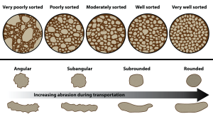 Figure 5.35: A visual reference for descriptions of sorting (top) and roundness (bottom) of sediments and grains in clastic sedimentary rocks. Note that rounded grains are not necessarily spherical in shape! Grain shapes are controlled by both the extent of transportation (and abrasion) and by the physical properties of the grain.