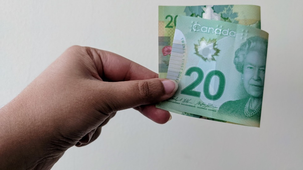 Hand holding up Canadian tweny dollar bill