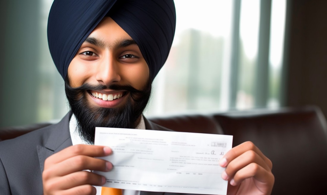 Sikh man holding a paycheque