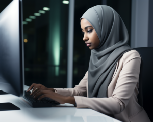 Hijabi woman working on a computer