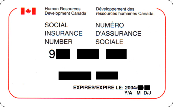 Depiction of a SIN card with the number redacted. The card is for a temporary resident.