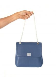blue handbag with silver strap