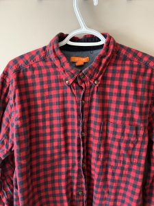 red and blue checkered button up shirt