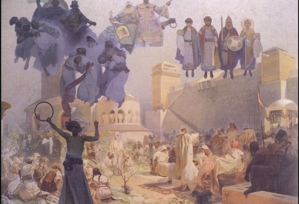 a softly coloured image of many people - stories being told with soldiers in the sky, robed people floating above buildings, a young person holding a hoop up while looking at the viewer, and a crowd of robed people in an open town space