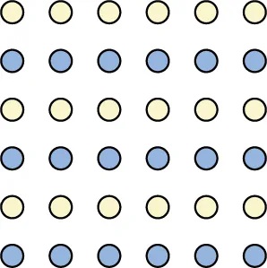 An illustration shows six rows of six dots each. The rows of dots alternate between blue and white colored dots.