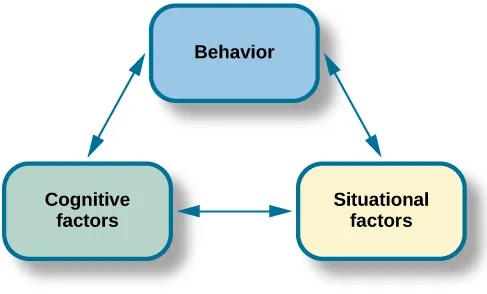 Three boxes are arranged in a triangle. There are lines with arrows on each end connecting the boxes. The boxes are labeled “Behavior,” “Situational factors,” and “Personal factors.”