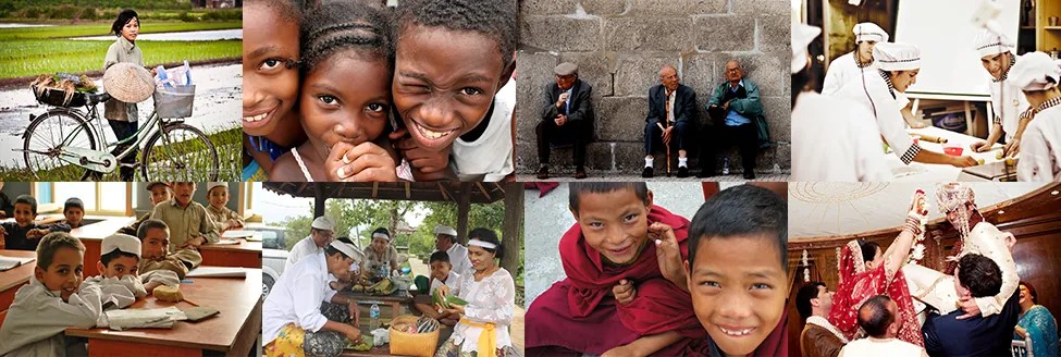 A photo collage composed of eight photographs arranged in two parallel rows of four. From the top-left-hand-side, the photos are as follows: a person with a bicycle standing in a rice paddy, three children, three elderly people sitting along a rock wall, four cooks standing around a table, a classroom of students, a group of people seated at a covered outdoor table, two children wearing robes, and two people being held up by other people during a wedding ceremony.