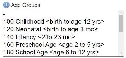 The Age Groups limit box showing multiple age ranges, for example Childhood (birth to age 12 yrs)