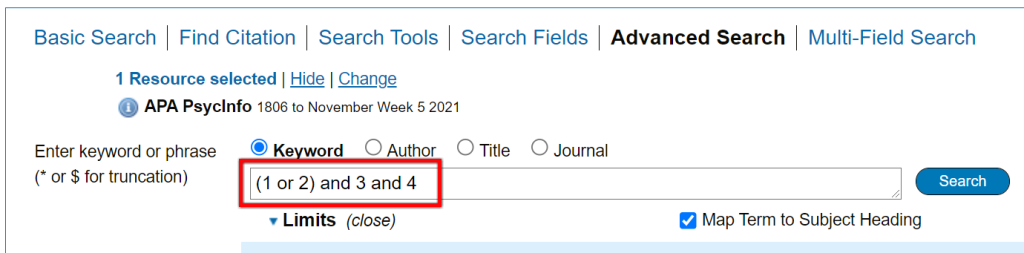 A search to combine searches in a PsycINFO search history. This search is: (1 or 2) and 3 and 4
