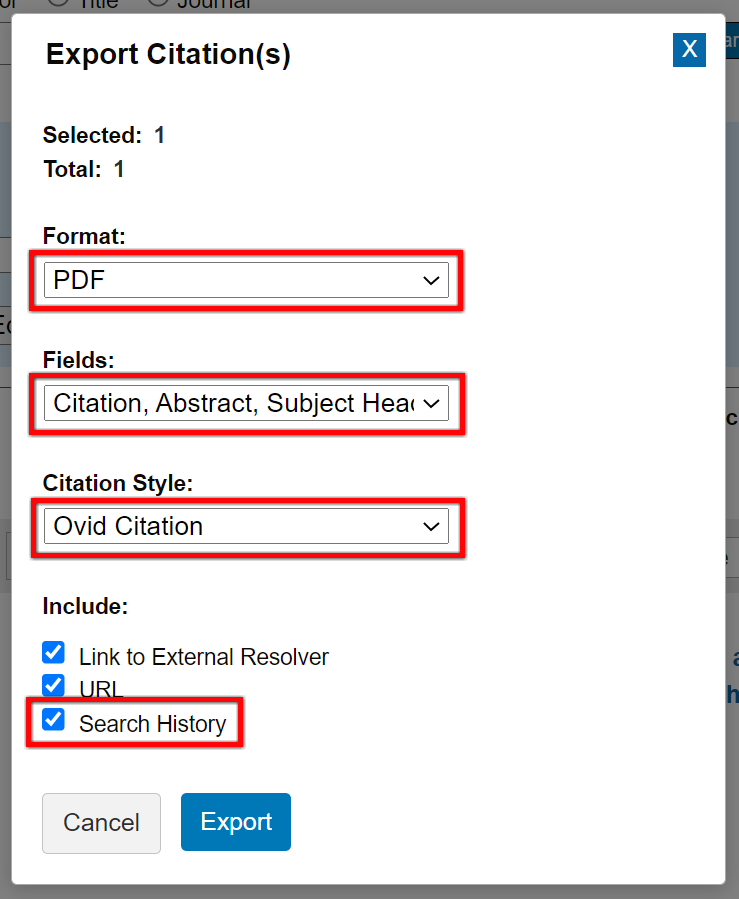Export Citation(s) menu in PsycINFO, which includes options for Format, Fields, Citation Style, and items to include