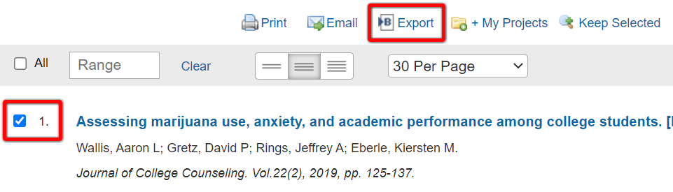 The top of a PsycINFO search results list, with one article selected and the Export button circled