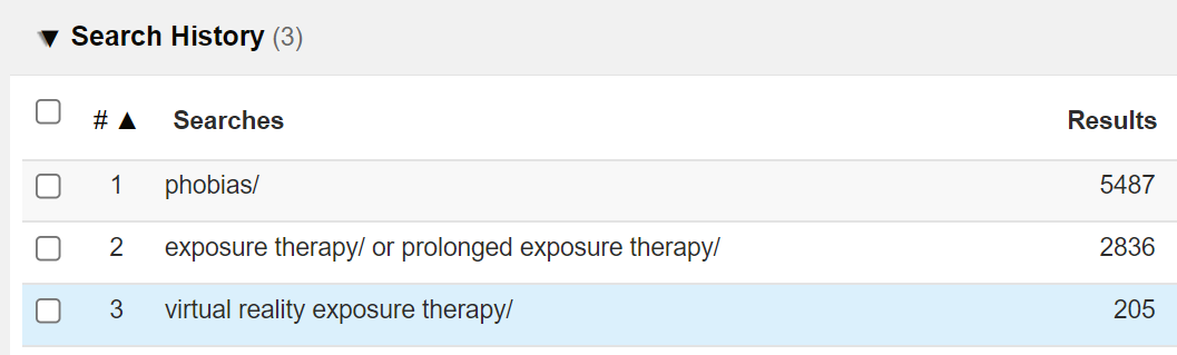A PsycINFO search history with three searches: one for phobias, one for the concept of exposure therapy, and a third for virtual reality exposure therapy