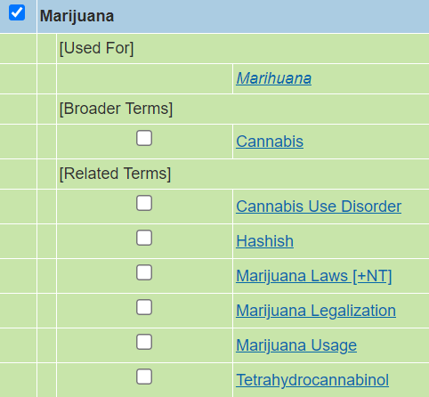 PsycINFO subject heading page for the term Marijuana. Includes broader terms, related terms, and terms that are not used for this concept