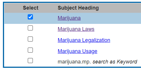 Subject Heading results page for marijuana search