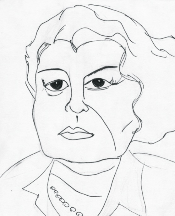 A black and white line art sketch of Sylvia Wynter