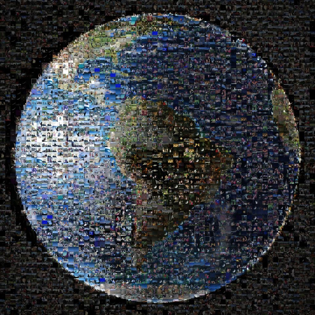 Collage image of Earth made up of pictures of people waving
