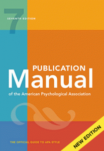 Book cover of the official guide to APA Style Publication Manual, 7th edition. Cover shows APA curved leaf graphic below main title with colour blocked background.