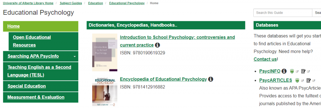 image of educational psychology libguide homepage