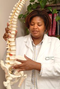 Chiropractor holding a replica of a spine