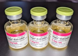 Three 5 mg/mL vials of Depo-Estradiol for intramuscular injection