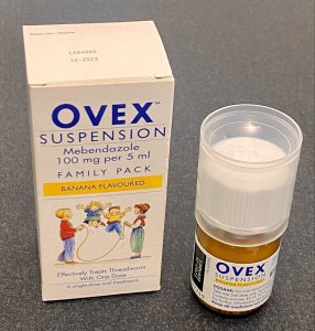 Box and bottle of banana flavored family pack of Ovex suspension 100 mg per 5 ml