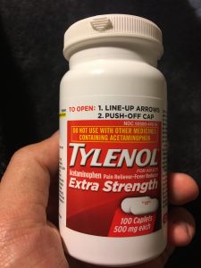 Bottle of 500mg tablet extra strength Tylenol.