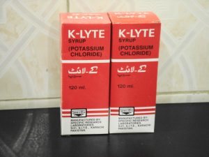 Two small 120 ml boxes of K-Lyte syrup, a potassium supplement