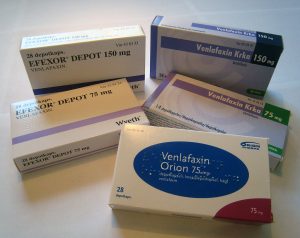 Small boxes of serotonin norepinephrine reuptake inhibitors (SNRIs), including Efexor, Venlafaxin Krka and Venlafaxin Orion
