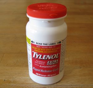 Bottle of extra strength tylenol with 100 500 mg gelcaps
