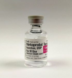 A single dose vial of metroprolol tartrate for intravenous administration.