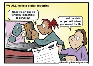 Cartoon character trying to scrub their digital footprint off a computer