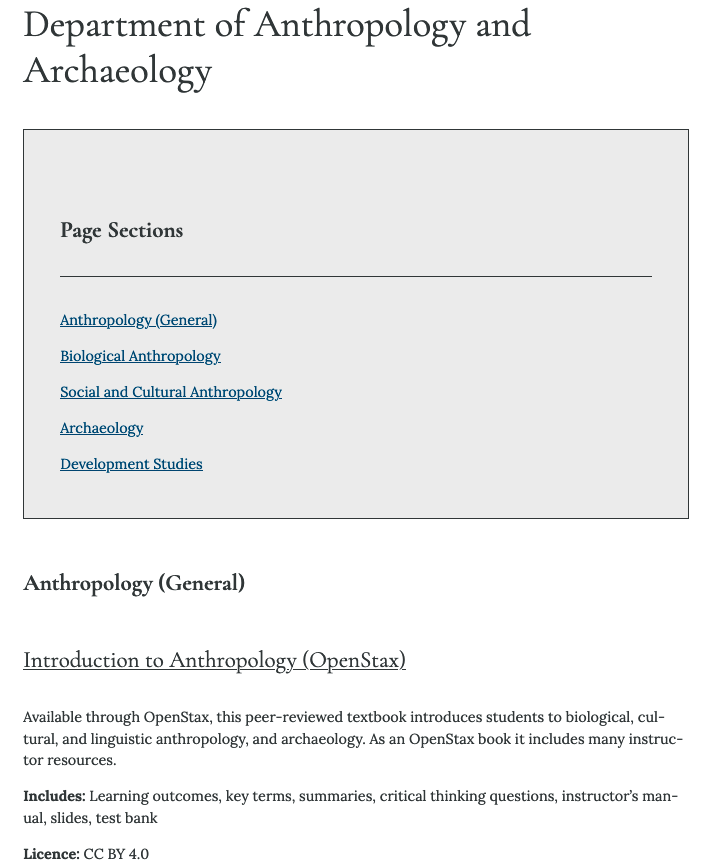 Screenshot of the top section of the Department of Anthropology and Archaeology page showing the "Page Sections" navigation menu with hyperlinked focus area headings.