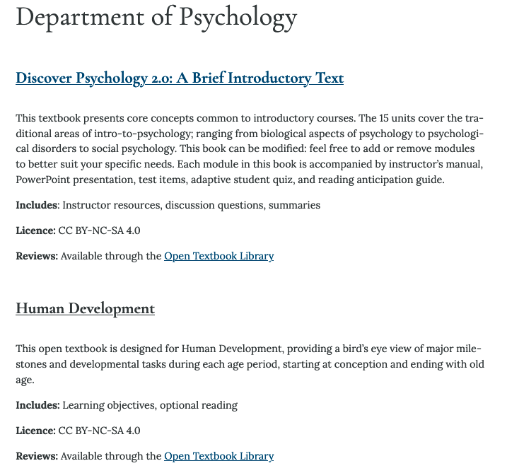 Screenshot of the top of the Department of Psychology page showing no "Page Section" navigation menu has been added as there are no focus area headings added to sub-divide the OER listings.