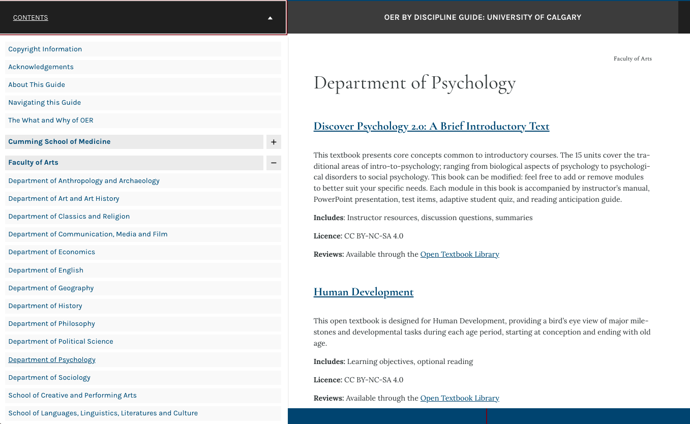 Screenshot of the Department of Psychology page with the "Content" sidebar menu open showing the Department level sections for the Faculty of Arts