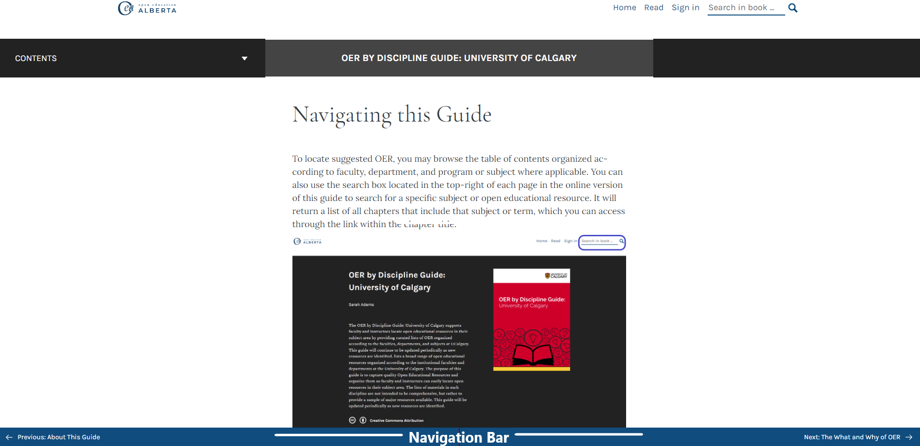 OER by Discipline Guide: UCalgary Navigating this Guide page with added Navigation Bar titled at bottom of browser
