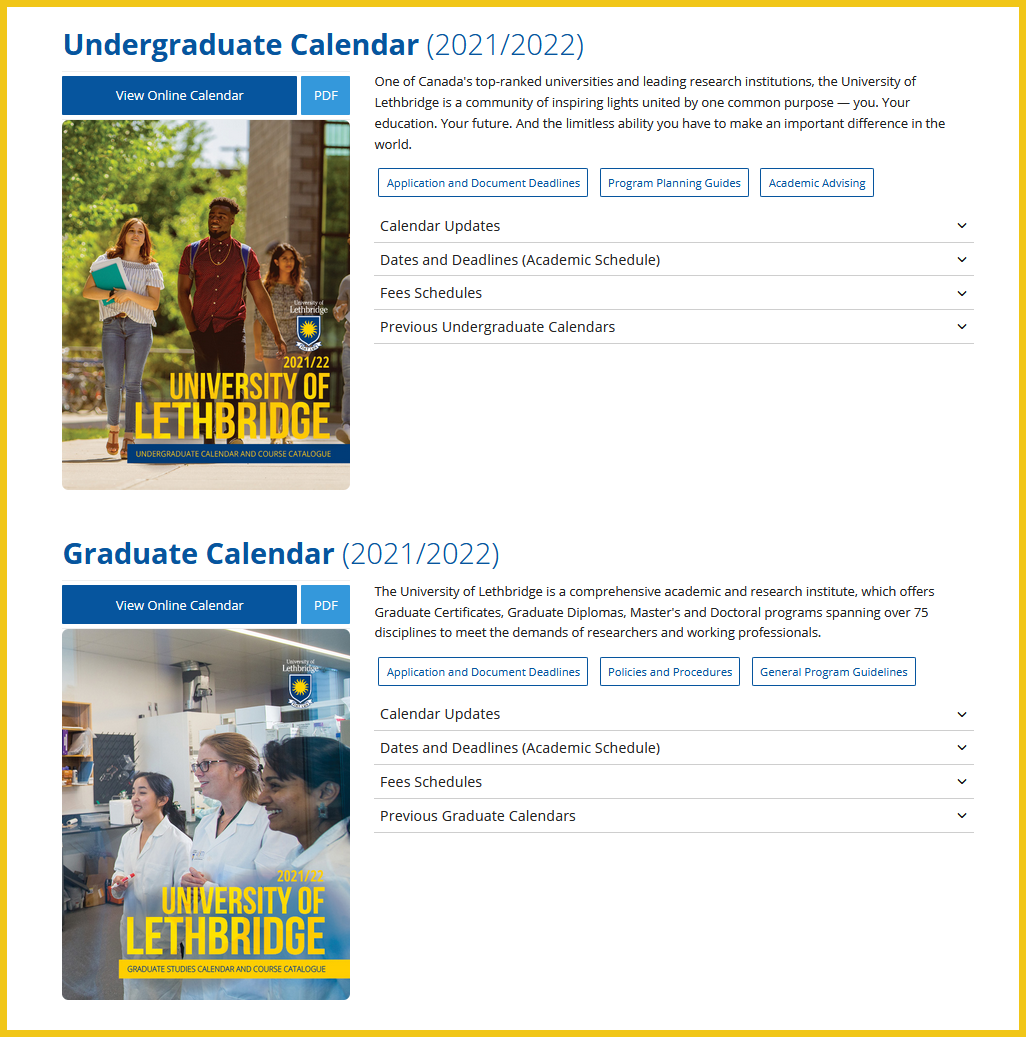 Screenshot of Academic Calendar website