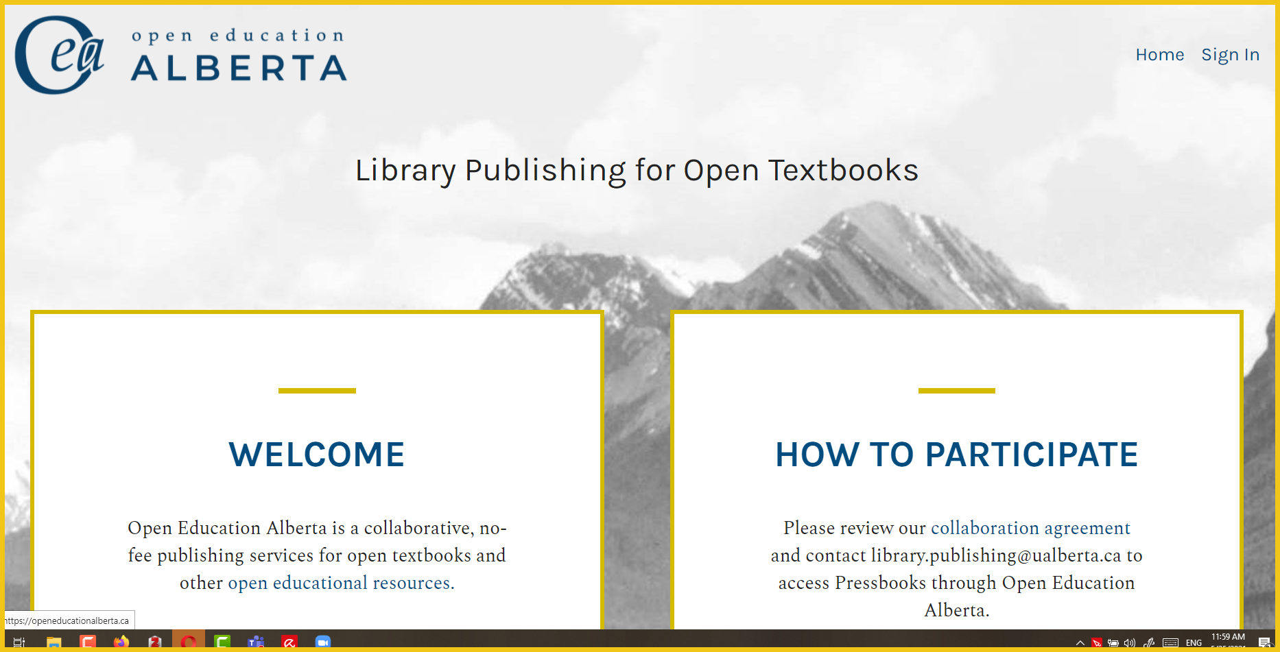 The image shows the Open Education Alberta landing page